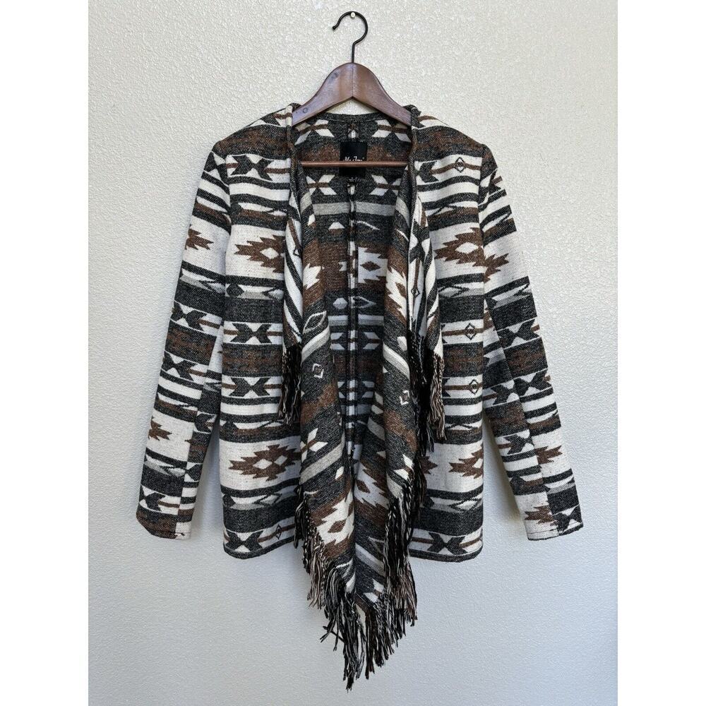 Me Jane Southwestern Aztec open fringe cardigan jacket womens Small brown black